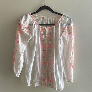 White embroidered Madewell peasant blouse.